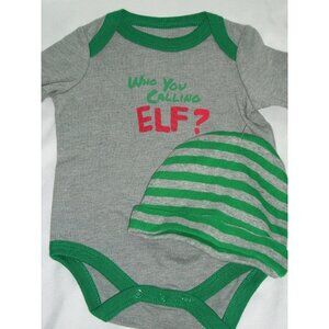 Who You Calling Elf? Christmas Body Suit Green Grey Stripe Knit Hat New Born NB